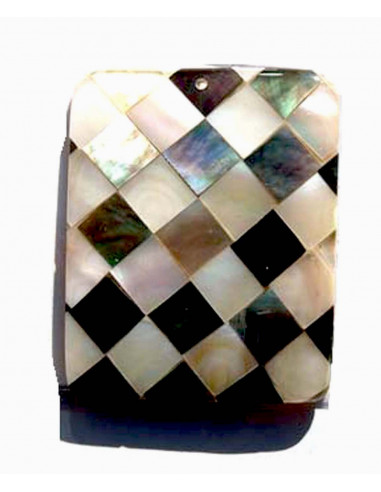 Pendentif Mosaïque abalone et nacre Rectangle motif damier noir blanc